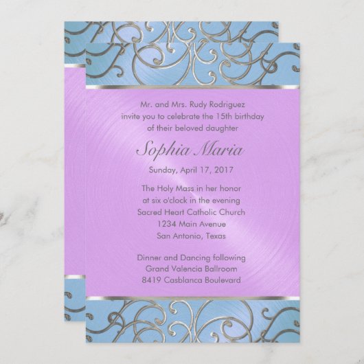 キンセアニェラブルーパープルシルバーフィリグリー渦巻き 招待状 (正面/裏面)