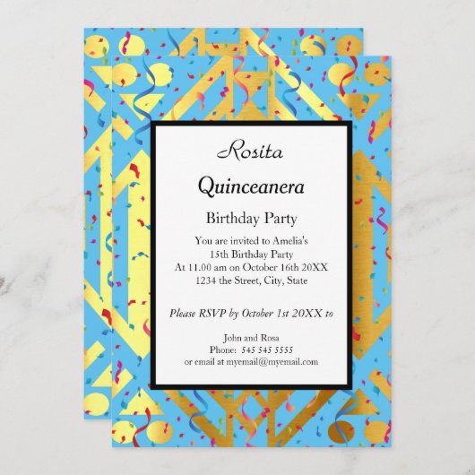 キンセアニェラブルー紙吹雪金ゴールド誕生日パーティー 招待状 (正面/裏面)