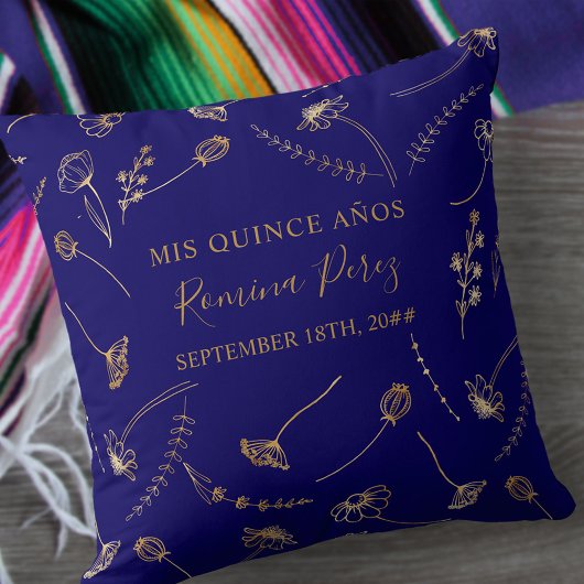 キンセアニェラブルー金ゴールドワイルドフラワーミカンスアノス クッション