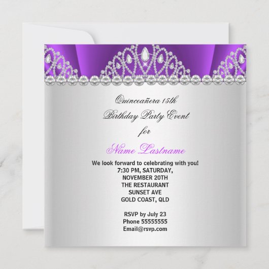 キンセアニェラプリンセスパープルホワイトダイヤモンドティアラ 招待状 (裏面)