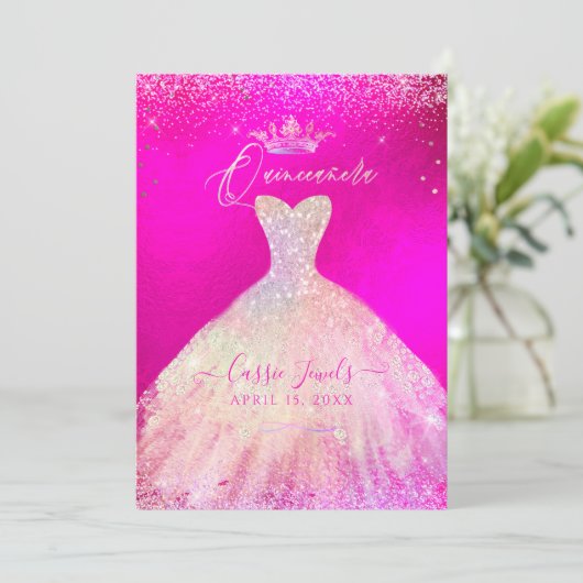 キンセアニェラホットピンク+赤面スパークルプリンセスドレス 招待状 (スタンド正面)