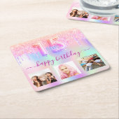 キンセアニェラホログラフィックピンクの写真グリッター スクエアペーパーコースター (アングル)