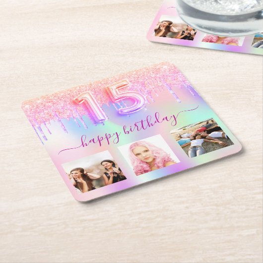 キンセアニェラホログラフィックピンクの写真グリッター スクエアペーパーコースター (アングル)