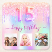 キンセアニェラホログラフィックピンクの写真グリッター スクエアペーパーコースター (正面)