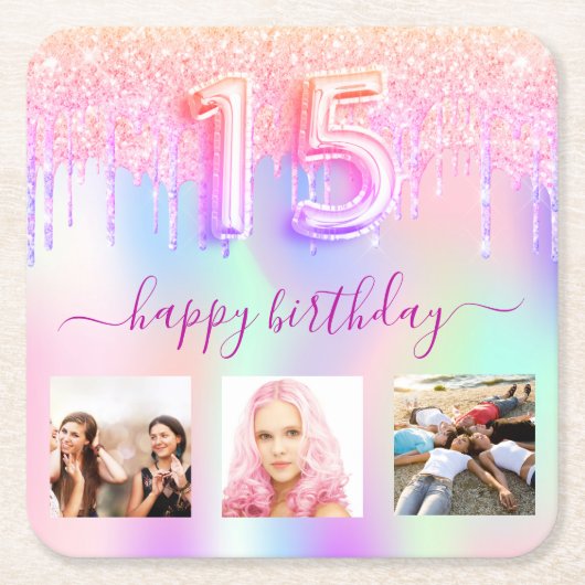 キンセアニェラホログラフィックピンクの写真グリッター スクエアペーパーコースター (正面)