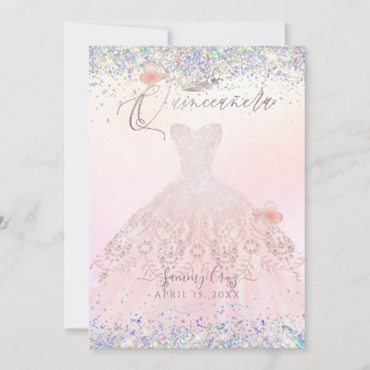 キンセアニェラホログラフィック紙吹雪赤面ピンクドレス 招待状 (正面)