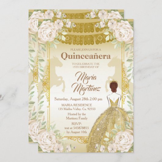 キンセアニェラホワイトアンド金ゴールドメキシコ誕生日  招待状 (正面/裏面)