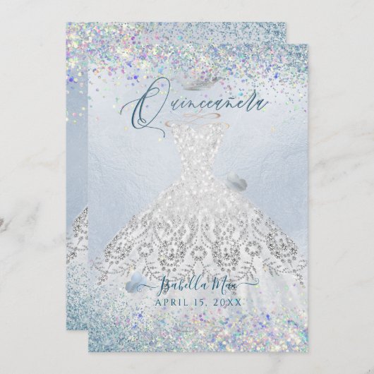 キンセアニェラホワイト金ゴールドダスティブルーグリッターガウン 招待状 (正面/裏面)