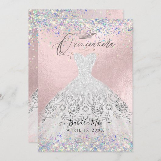 キンセアニェラホワイト金ゴールドダストグリッターガウン 招待状 (正面/裏面)