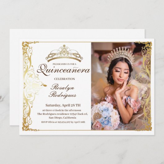 キンセアニェラホワイト金ゴールド美しい写真キンセアニェラ 招待状 (正面/裏面)