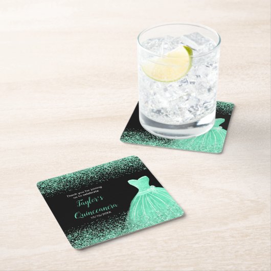 キンセアニェラミントグリーンフェイクグリッター スクエアペーパーコースター (インサイチュ)