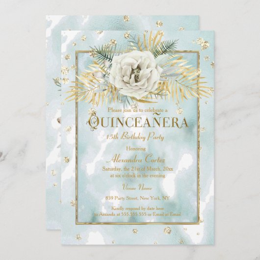キンセアニェラミントティール(緑がかった色)金ゴールド大理石バラフローラ 招待状 (正面/裏面)