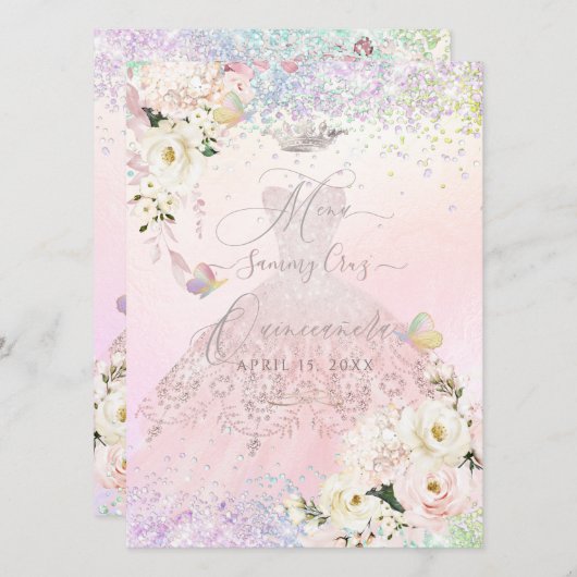 キンセアニェラメニューホログラフィックマリポサ赤面ピンク 招待状 (正面/裏面)