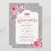 キンセアニェラモダンフローラシルバーグリッター誕生日 招待状 (正面/裏面)