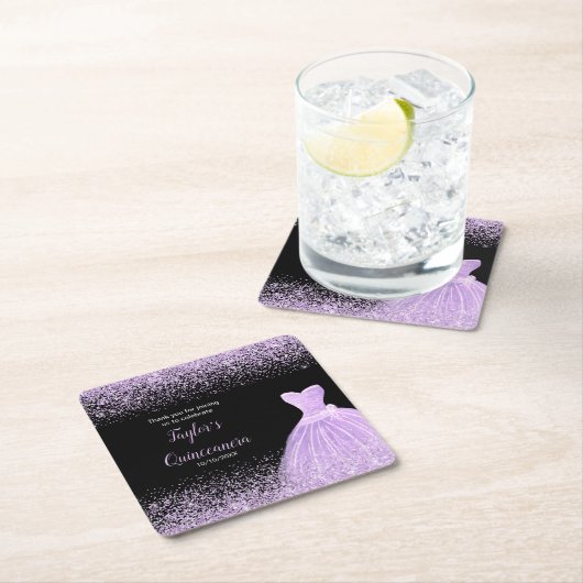 キンセアニェラライトパープルフェイクグリッター スクエアペーパーコースター (インサイチュ)