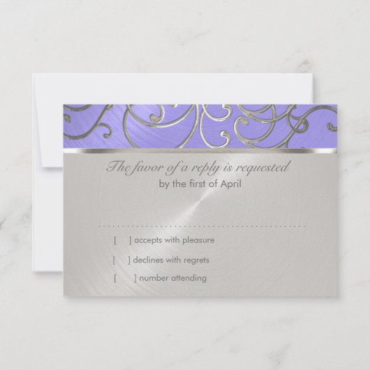 キンセアニェララベンダーパープルシルバーフィリグリー渦巻き 招待状 (裏面)