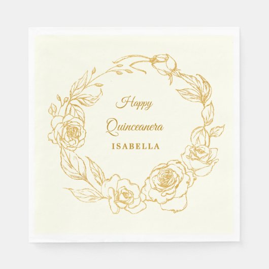 キンセアニェラルクセ金ゴールドバラアイボリーホワイトカクテル スタンダードランチョンナプキン (正面)