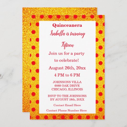 キンセアニェラレッドフローラ金ゴールドグリッター15誕生日 招待状 (正面/裏面)