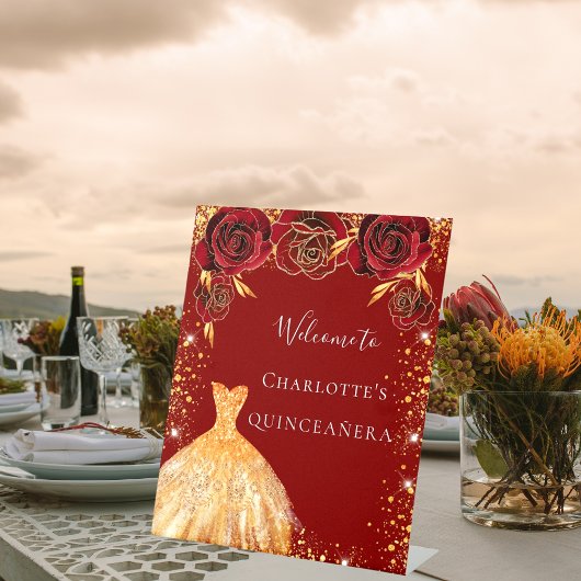 キンセアニェラレッド金ゴールドグリッタードレスフローラ歓迎 台座サイン