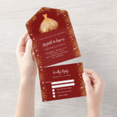 キンセアニェラレッド金ゴールドドレスグリッターRSVP オールインワン招待状 (貼ってはがせる)