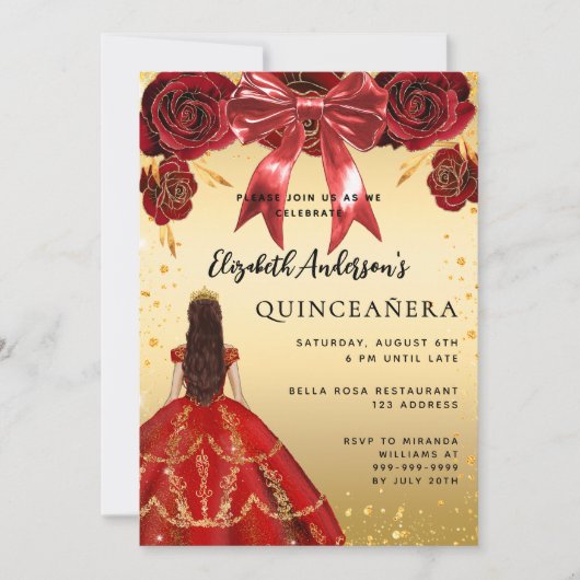 キンセアニェラレッド金ゴールドドレスボウ花模様 招待状 (正面)