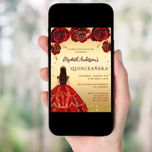 キンセアニェラレッド金ゴールドドレス花模様バラ 招待状