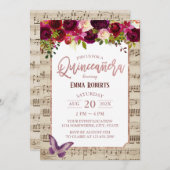 キンセアニェラヴィンテージブルゴーニュフローラ音楽誕生日 招待状 (正面/裏面)
