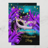 キンセアニェラ仮装マスクティール（緑がかった色）パープルブラック 招待状 (正面/裏面)