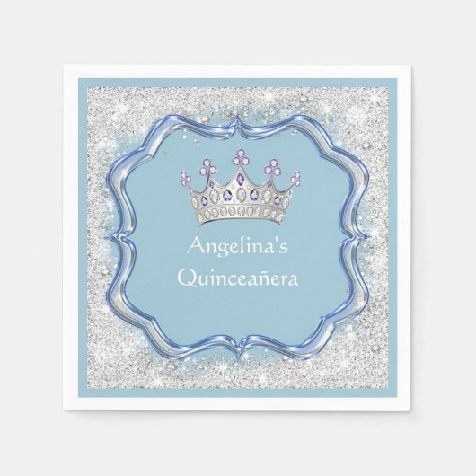 キンセアニェラ宝石飾りクラウン、ガラス、シルバーグリッター スタンダードカクテルナプキン (正面)