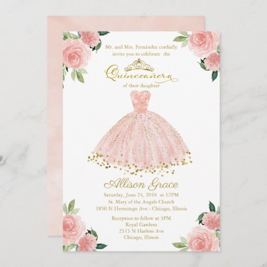 キンセアニェラ招待状ゴールドフォイルピンク赤面ガウン 招待状 (正面/裏面)
