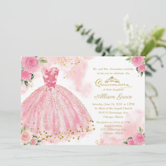キンセアニェラ招待状ゴールドフォイルホットピンクガウン 招待状 (スタンド正面)
