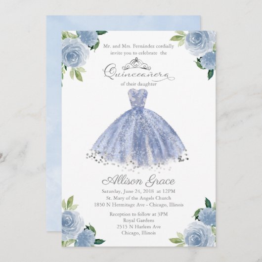 キンセアニェラ招待状シルバーブルーフローラガウン 招待状 (正面/裏面)