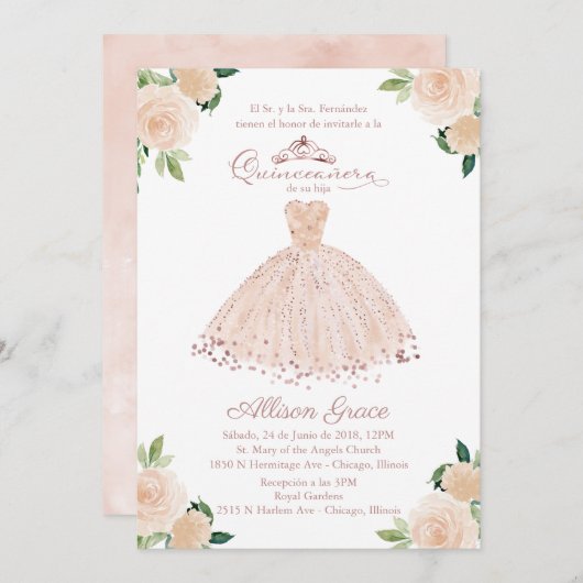 キンセアニェラ招待状スペインの赤面ガウンフローラ 招待状 (正面/裏面)