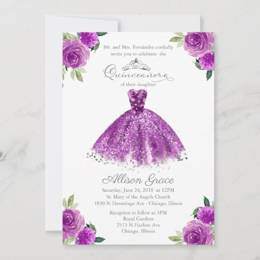 キンセアニェラ招待状バイリンガルパープル赤面ガウン 招待状 (正面)