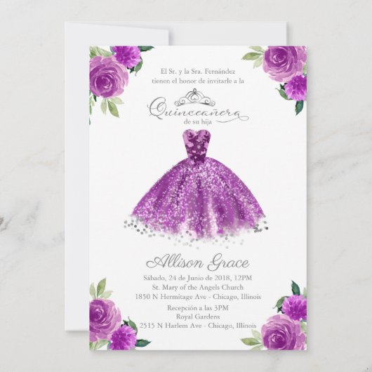 キンセアニェラ招待状バイリンガルパープル赤面ガウン 招待状 (裏面)