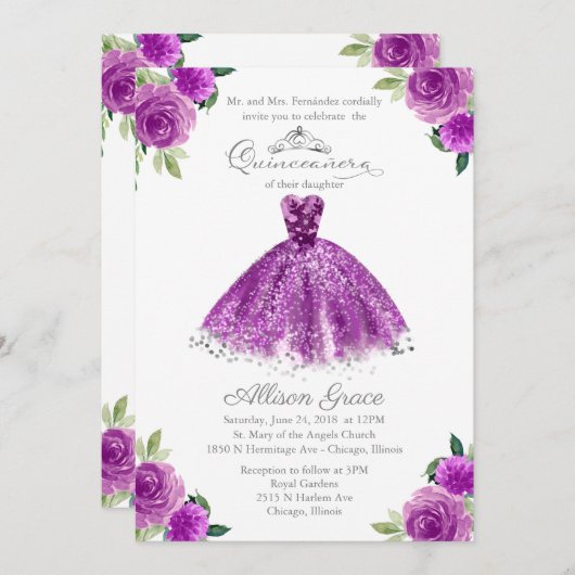 キンセアニェラ招待状バイリンガルパープル赤面ガウン 招待状 (正面/裏面)