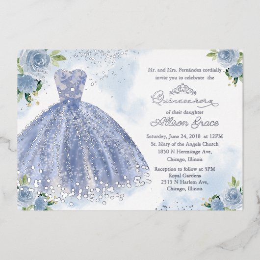 キンセアニェラ招待状フローラブルーガウンシルバー 箔招待状 (正面)