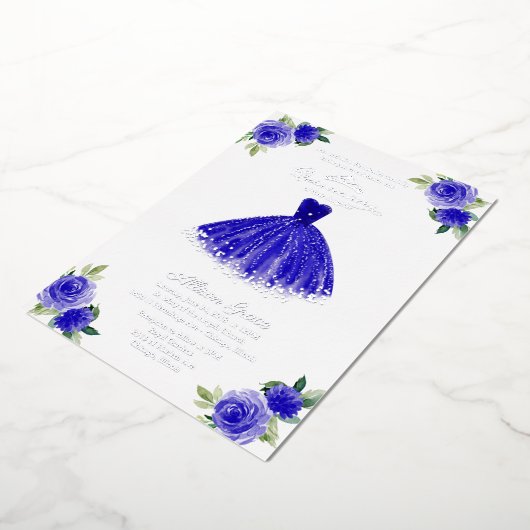 キンセアニェラ招待状フローラ王室のブルーガウン 箔招待状 (回転した状態)