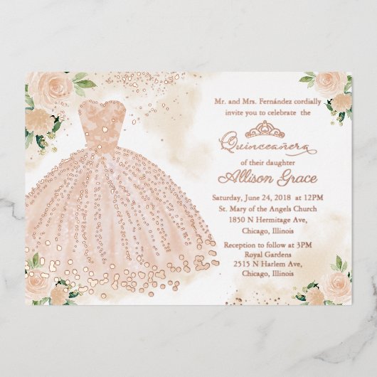 キンセアニェラ招待状フローラ赤面ガウンバラ金ゴールド 箔招待状 (正面)