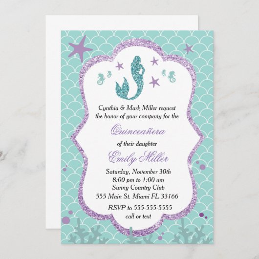 キンセアニェラ招待状マーメイドパープルティール（緑がかった色） 招待状 (正面/裏面)