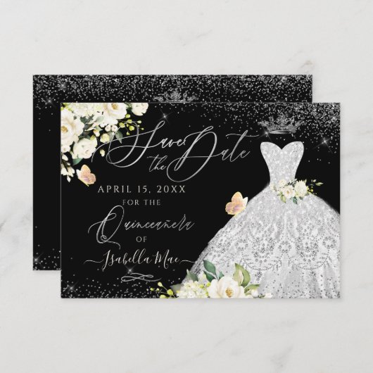 キンセアニェラ日付を保存フェイクグリッターホワイトガウン 招待状 (正面/裏面)