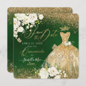 キンセアニェラ日付を保存フェイクグリッター金ゴールドガウン 招待状 (正面/裏面)