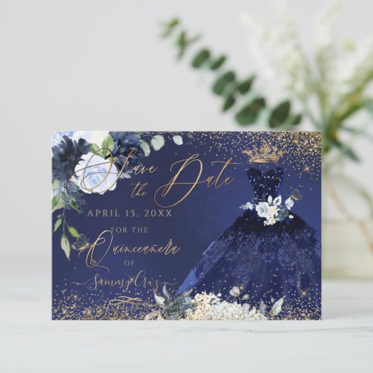 キンセアニェラ日付ネイビーブルーガウンを保存 招待状 (スタンド正面)