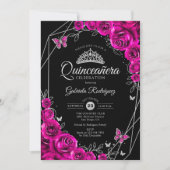 キンセアニェラ明るい赤紫色ピンクブラックシルバーフローラ 招待状 (正面)