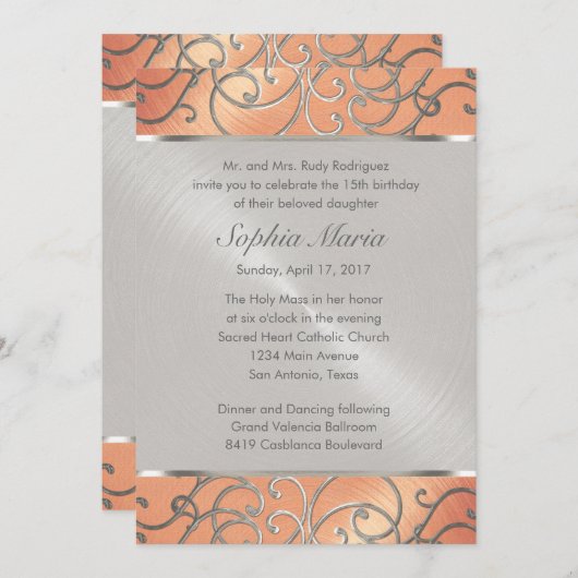 キンセアニェラ桃と銀のフィリグリーの渦巻き 招待状 (正面/裏面)