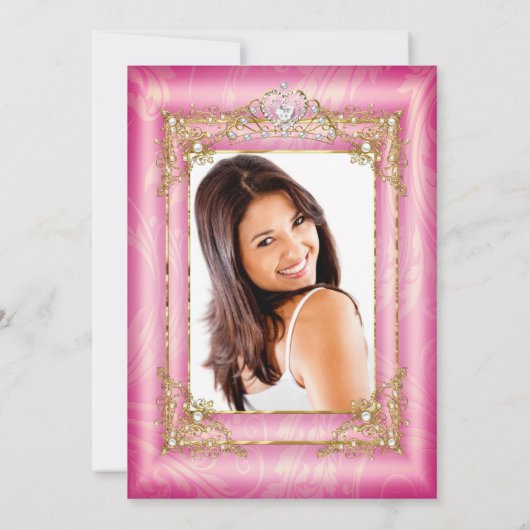 キンセアニェラ深いピンクダマスク写真金ゴールドティアラ 招待状 (裏面)