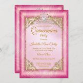 キンセアニェラ深いピンクダマスク写真金ゴールドティアラ 招待状 (正面/裏面)