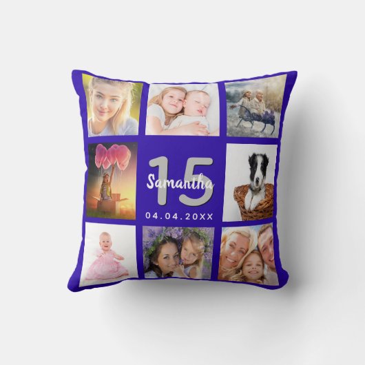 キンセアニェラ王室のブルーフォトコラージュ名 クッション (裏面)