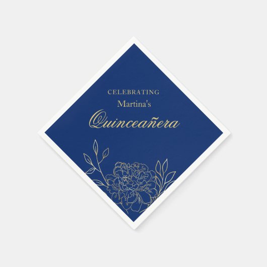 キンセアニェラ王室のブルー金ゴールドフラワーズ15誕生日 スタンダードカクテルナプキン (角)