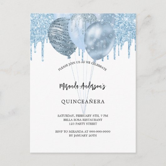 キンセアニェラ白い青い風船のグリッター インビテーションポストカード (正面)